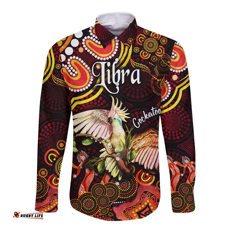 Australian Astrology Hawaii Long Sleeve Button Shirt Libra Cockatoo Glider Zodiac Aboriginal Vibes Red