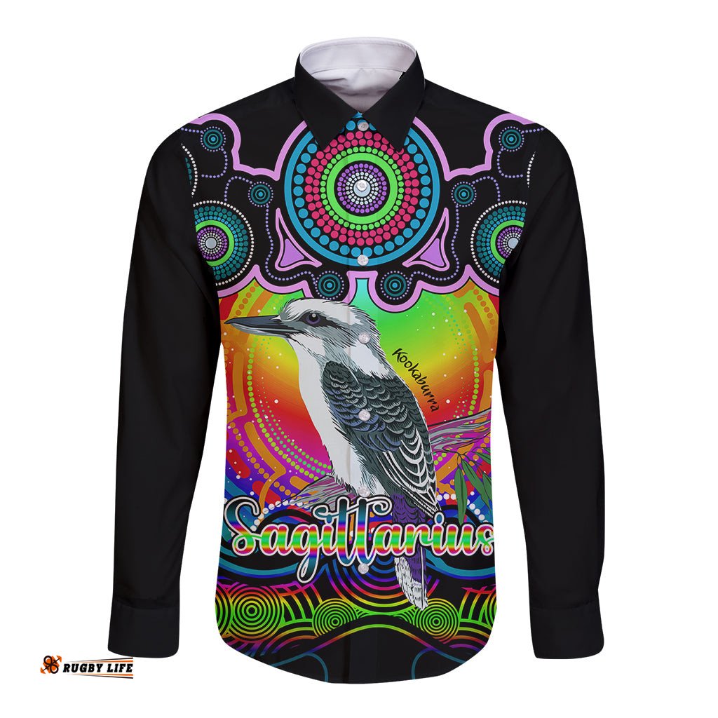 Personalised Australia Sagittarius Kookaburra Zodiac Long Sleeve Button Shirt Auz Astrology Aboriginal - Rainbow