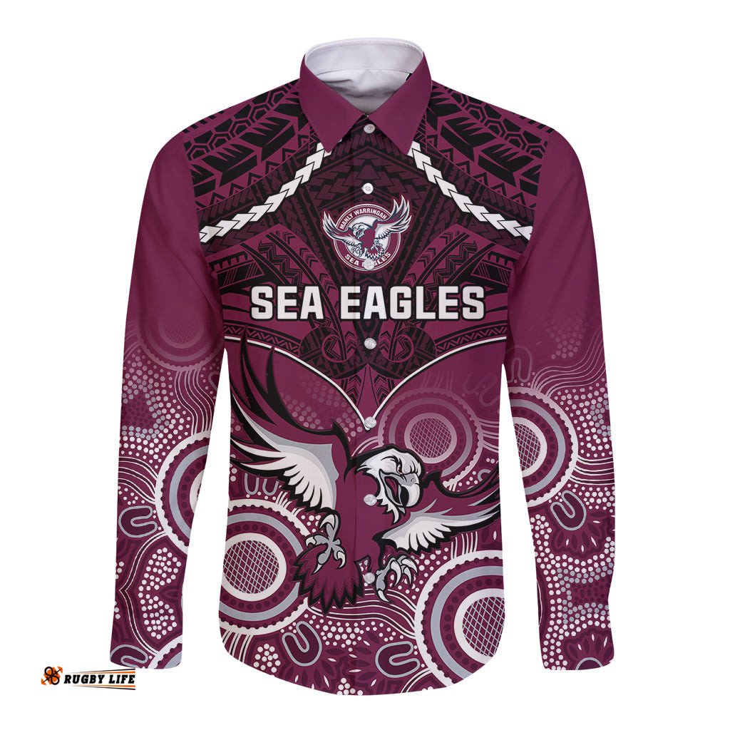 Sea Eagles Rugby Long Sleeve Button Shirt Aboriginal Mix Polynesian Pattern