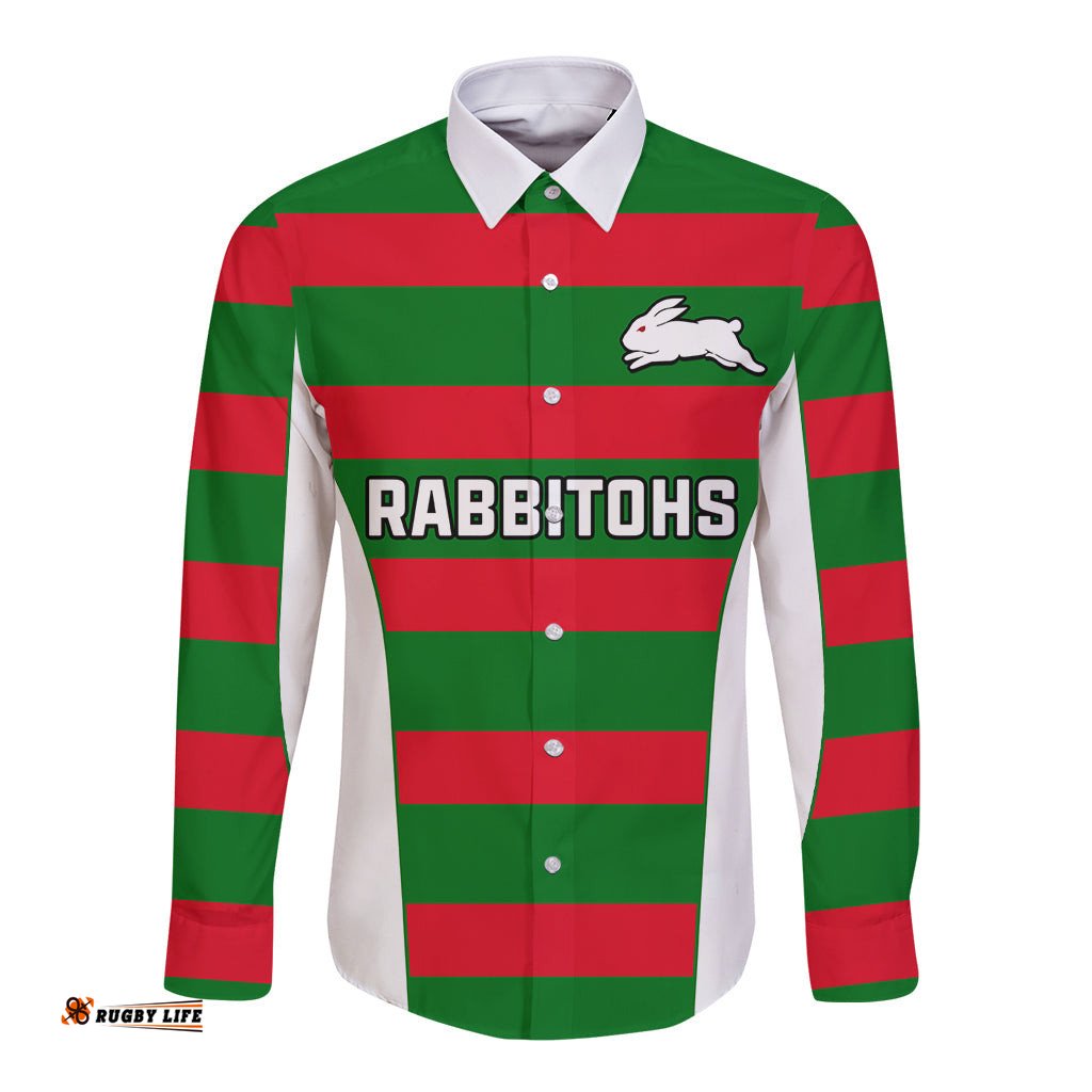 Rabbitohs Rugby Long Sleeve Button Shirt Go Souths 1908 Sporty Style White
