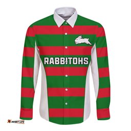 Rabbitohs Rugby Long Sleeve Button Shirt Go Souths 1908 Sporty Style White