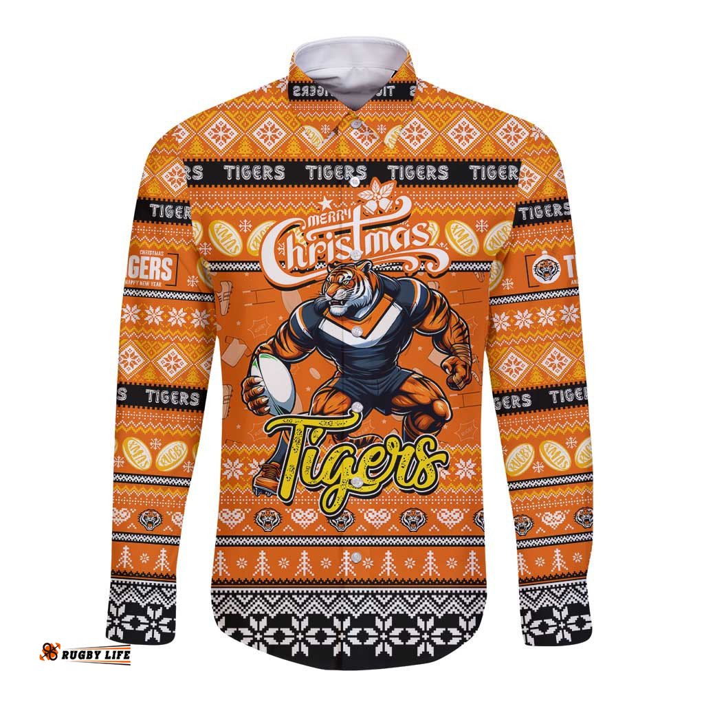 Personalized Tigers Rugby Xmas Long Sleeve Button Shirt Australia NRL Mascot
