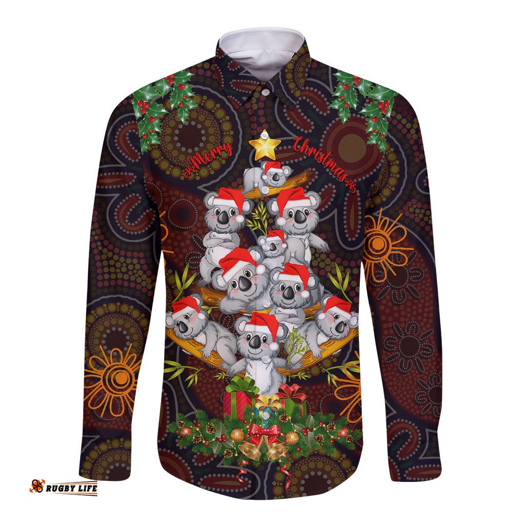 Aboriginal Christmas Long Sleeve Button Shirt Aussie Koala Christmas Tree with Aboriginal Inspired
