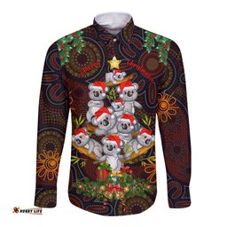 Aboriginal Christmas Long Sleeve Button Shirt Aussie Koala Christmas Tree with Aboriginal Inspired