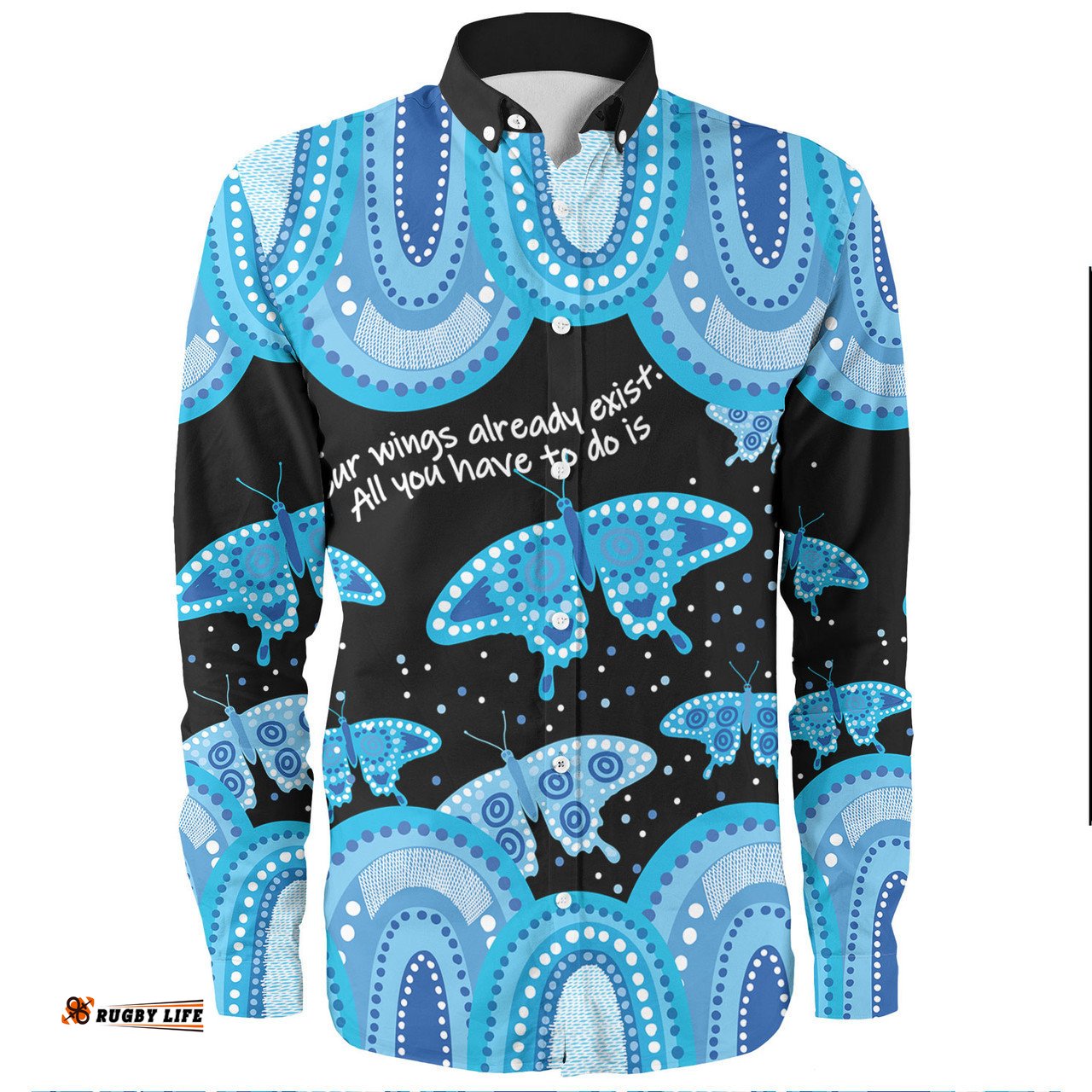 Australia Long Sleeve Button Shirt - Aboriginal Blue Butterflies Art Inspired