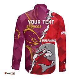 Custom Personalised Broncos Mix Dolphins Rugby Long Sleeve Button Shirt Sporty Style