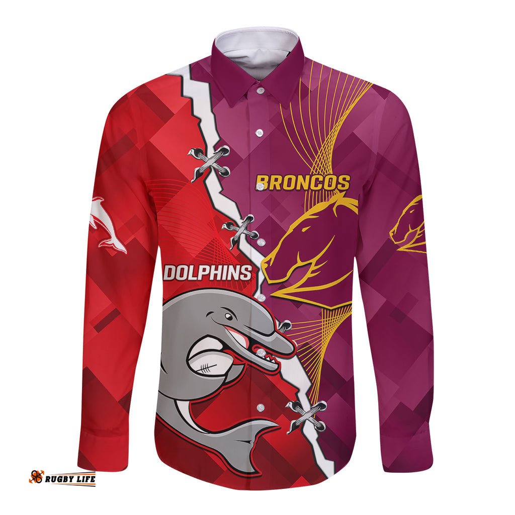 Custom Personalised Broncos Mix Dolphins Rugby Long Sleeve Button Shirt Sporty Style