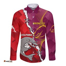 Custom Personalised Broncos Mix Dolphins Rugby Long Sleeve Button Shirt Sporty Style