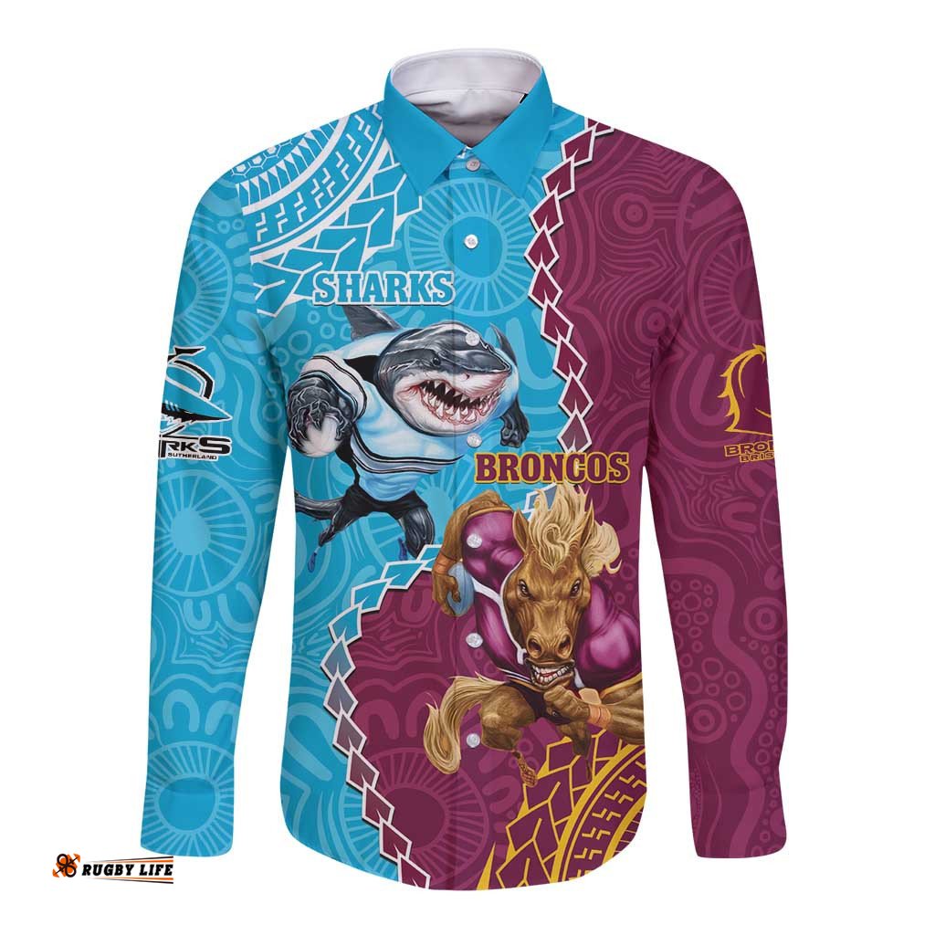 Personalised Sharks And Broncos Rugby Long Sleeve Button Shirt Aboriginal Mix Polynesian Pattern