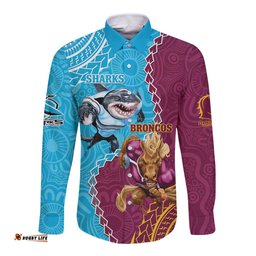 Personalised Sharks And Broncos Rugby Long Sleeve Button Shirt Aboriginal Mix Polynesian Pattern