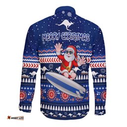 Australia Christmas Long Sleeve Button Shirt Aussie Aboriginal Santa Claus is Surfing with Kangaroo
