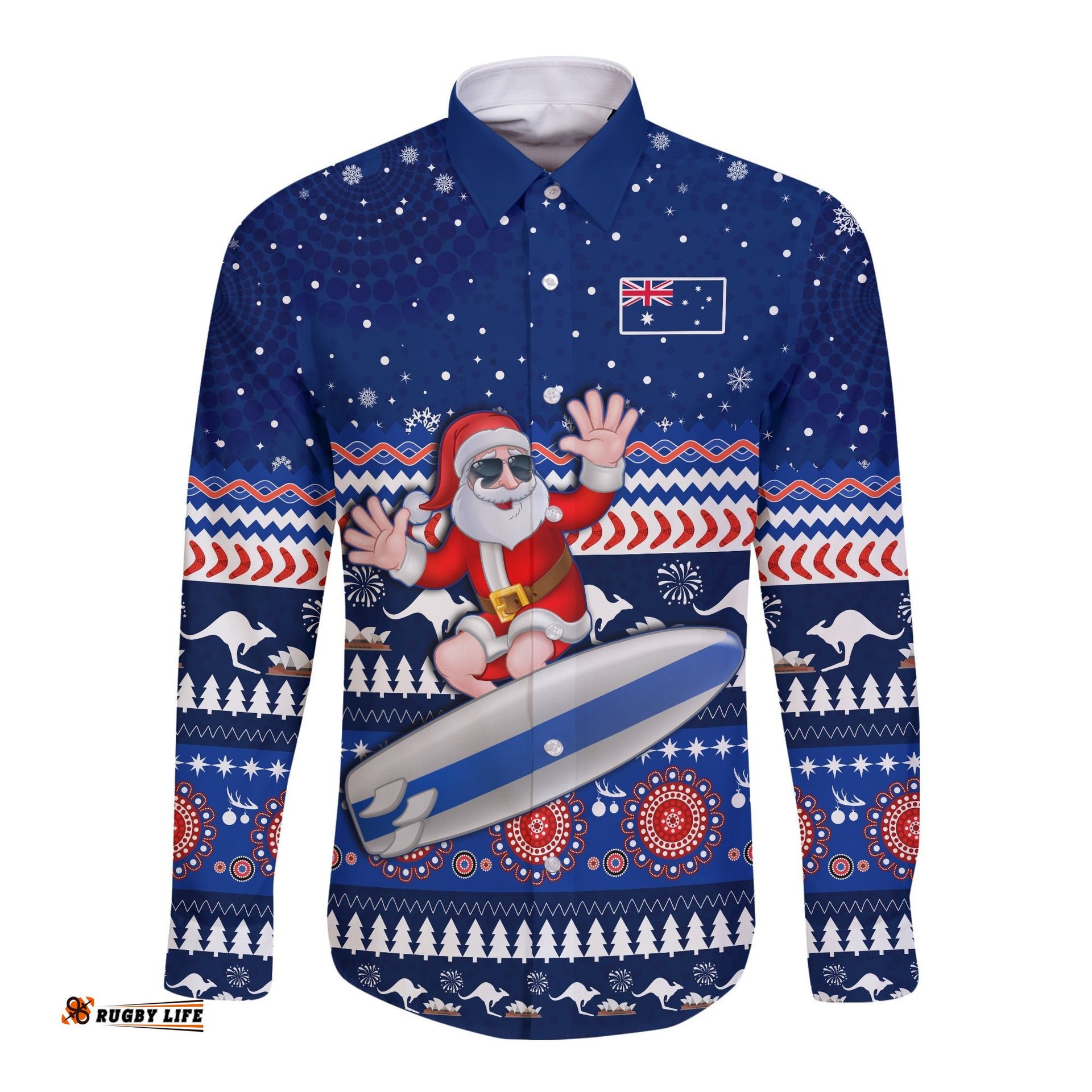 Australia Christmas Long Sleeve Button Shirt Aussie Aboriginal Santa Claus is Surfing with Kangaroo