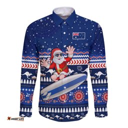 Australia Christmas Long Sleeve Button Shirt Aussie Aboriginal Santa Claus is Surfing with Kangaroo