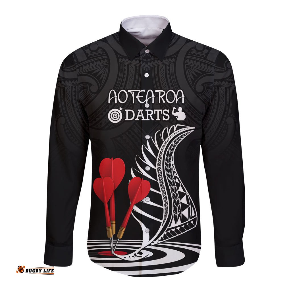 Personalised New Zealand Darts Long Sleeve Button Shirt Aotearoa Maori Fern Bring It On