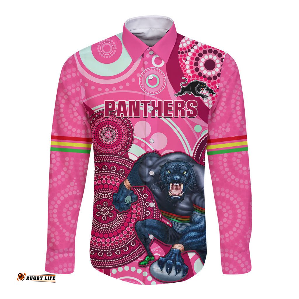 Custom NRL Panthers Long Sleeve Button Shirt Indigenous Penrith Dynamic Pink Version