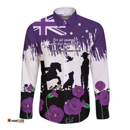 Australia Animal Heroes ANZAC Long Sleeve Button Shirt Purple Poppy We Will Remember Them