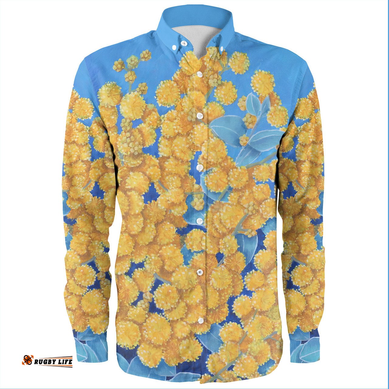 Australia Golden Wattle Long Sleeve Button Shirts - Golden Wattle Blue Background Oil Painting Art Long Sleeve Button Shirts