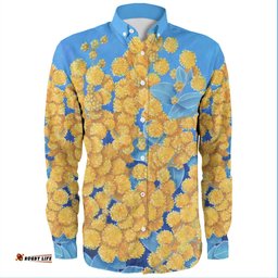 Australia Golden Wattle Long Sleeve Button Shirts - Golden Wattle Blue Background Oil Painting Art Long Sleeve Button Shirts