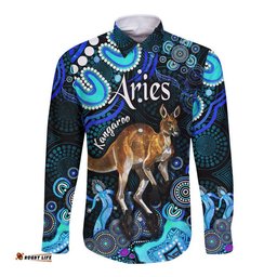 Custom Personalised Australian Astrology Hawaii Long Sleeve Button Shirt Aries Kangaroo Zodiac Aboriginal Vibes Blue