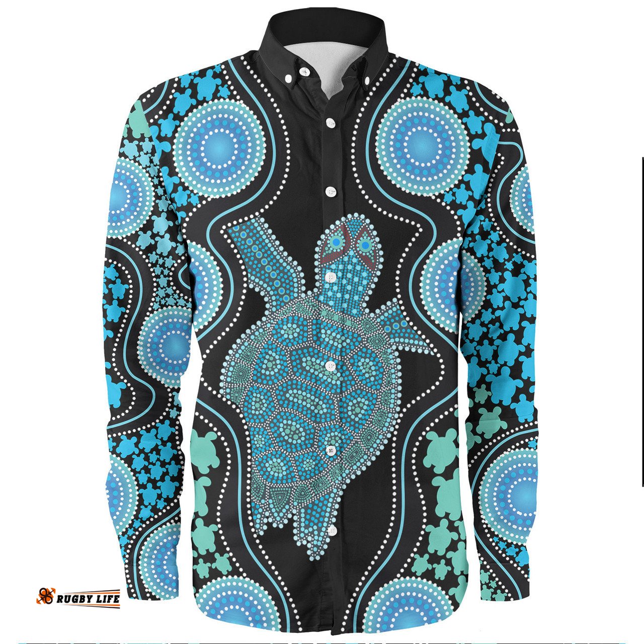 Australia Long Sleeve Button Shirt - Aboriginal Art Color Turtle Inspired