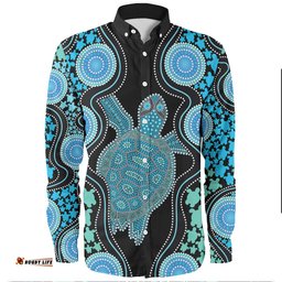 Australia Long Sleeve Button Shirt - Aboriginal Art Color Turtle Inspired