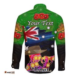 Custom Personalised Australia Aboriginal ANZAC Hawaii Long Sleeve Button Shirt Remembrance Vibes Green
