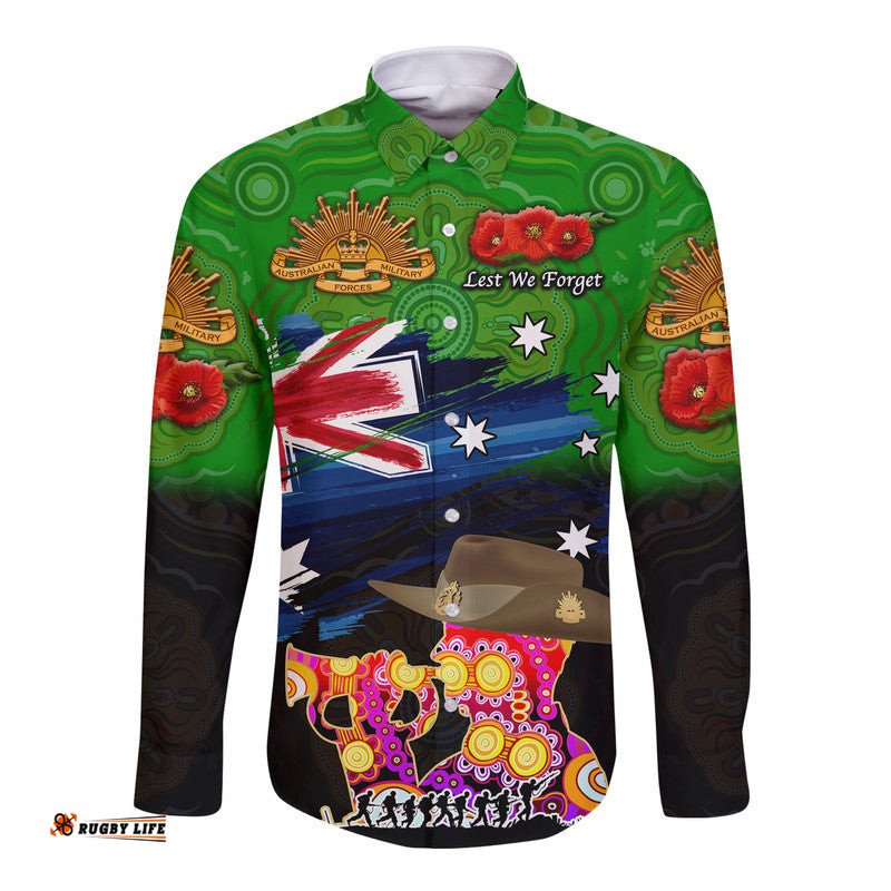 Custom Personalised Australia Aboriginal ANZAC Hawaii Long Sleeve Button Shirt Remembrance Vibes Green