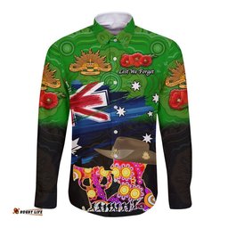 Custom Personalised Australia Aboriginal ANZAC Hawaii Long Sleeve Button Shirt Remembrance Vibes Green
