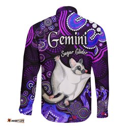 Australian Astrology Hawaii Long Sleeve Button Shirt Gemini Sugar Glider Zodiac Aboriginal Vibes Purple