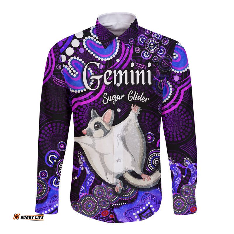 Australian Astrology Hawaii Long Sleeve Button Shirt Gemini Sugar Glider Zodiac Aboriginal Vibes Purple