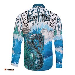 Custom Personalised Manaia Maori Long Sleeve Button Shirt Fern Aotearoa Blue Waves