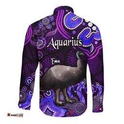 Australian Astrology Hawaii Long Sleeve Button Shirt Aquarius Emu Glider Zodiac Aboriginal Vibes Purple