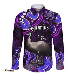 Australian Astrology Hawaii Long Sleeve Button Shirt Aquarius Emu Glider Zodiac Aboriginal Vibes Purple