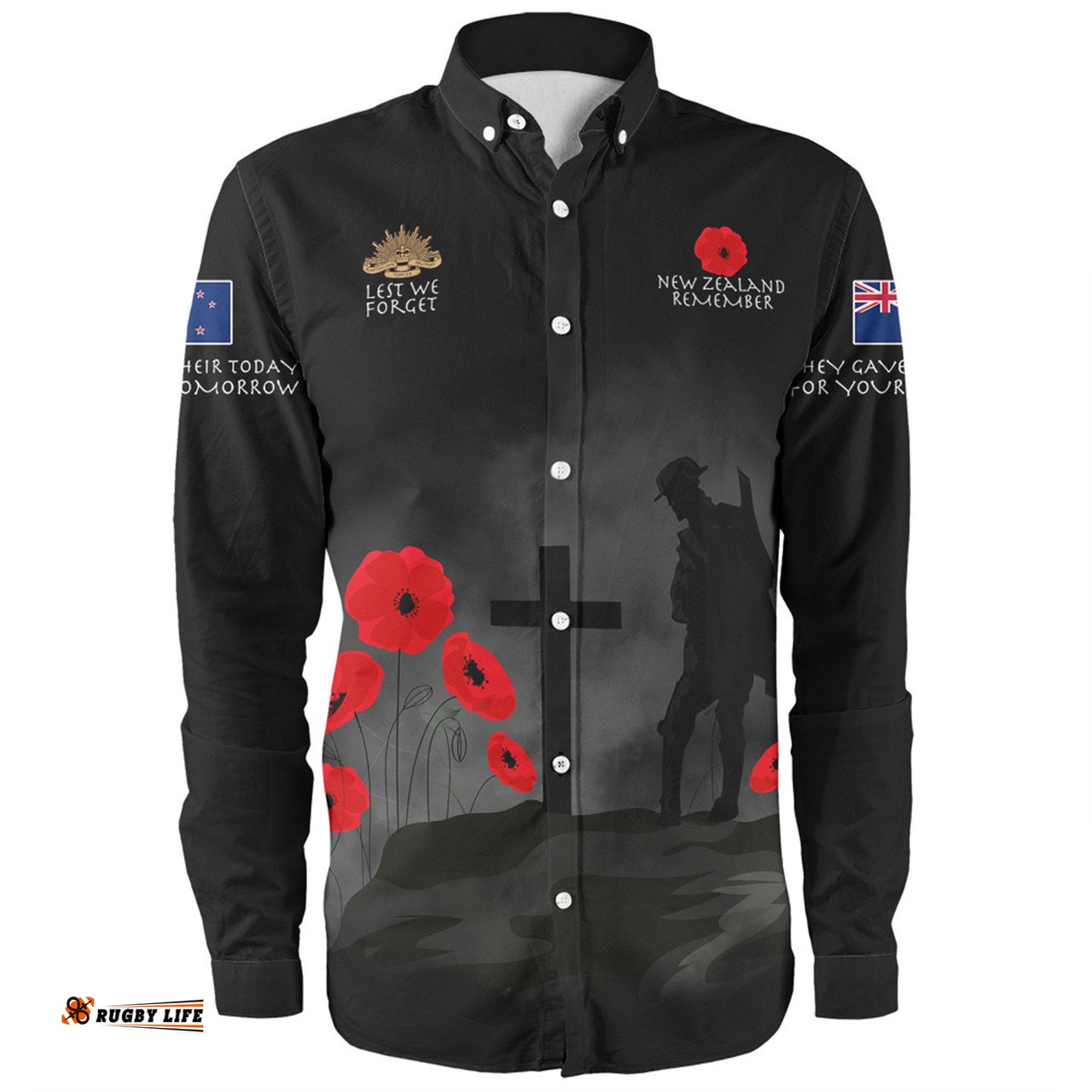 New Zealand Anzac Day Long Sleeve Button Shirt - New Zealand Remember Black Long Sleeve Button Shirt