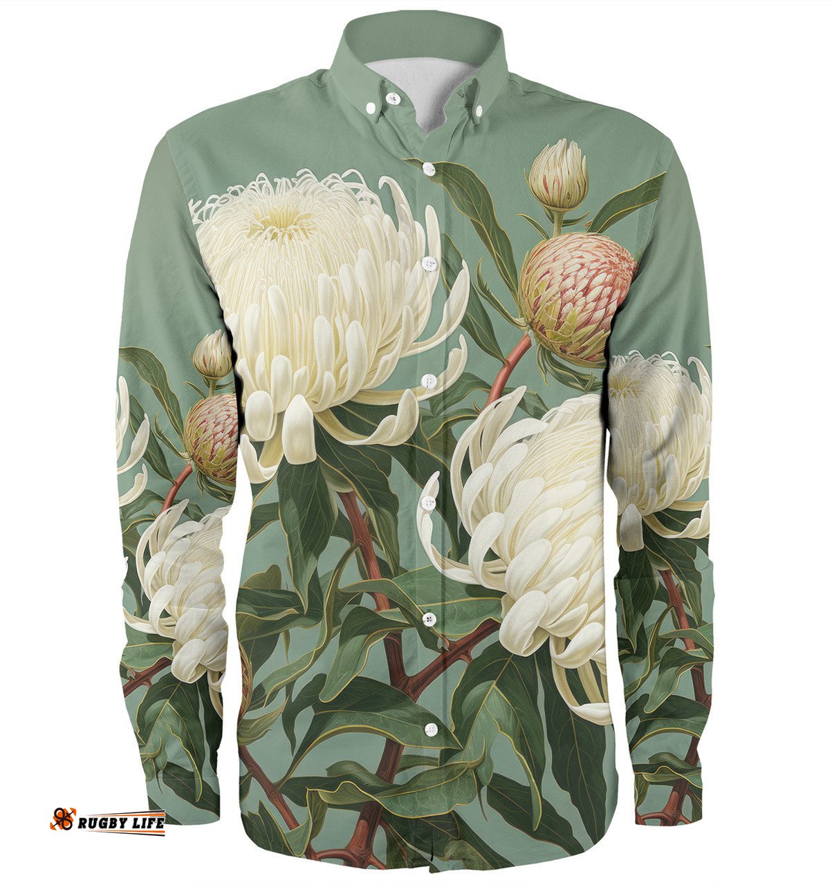 Australia Waratah Long Sleeve Button Shirts - White Waratah Flowers Fine Art Ver1 Long Sleeve Button Shirts