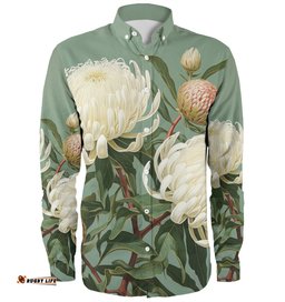 Australia Waratah Long Sleeve Button Shirts - White Waratah Flowers Fine Art Ver1 Long Sleeve Button Shirts