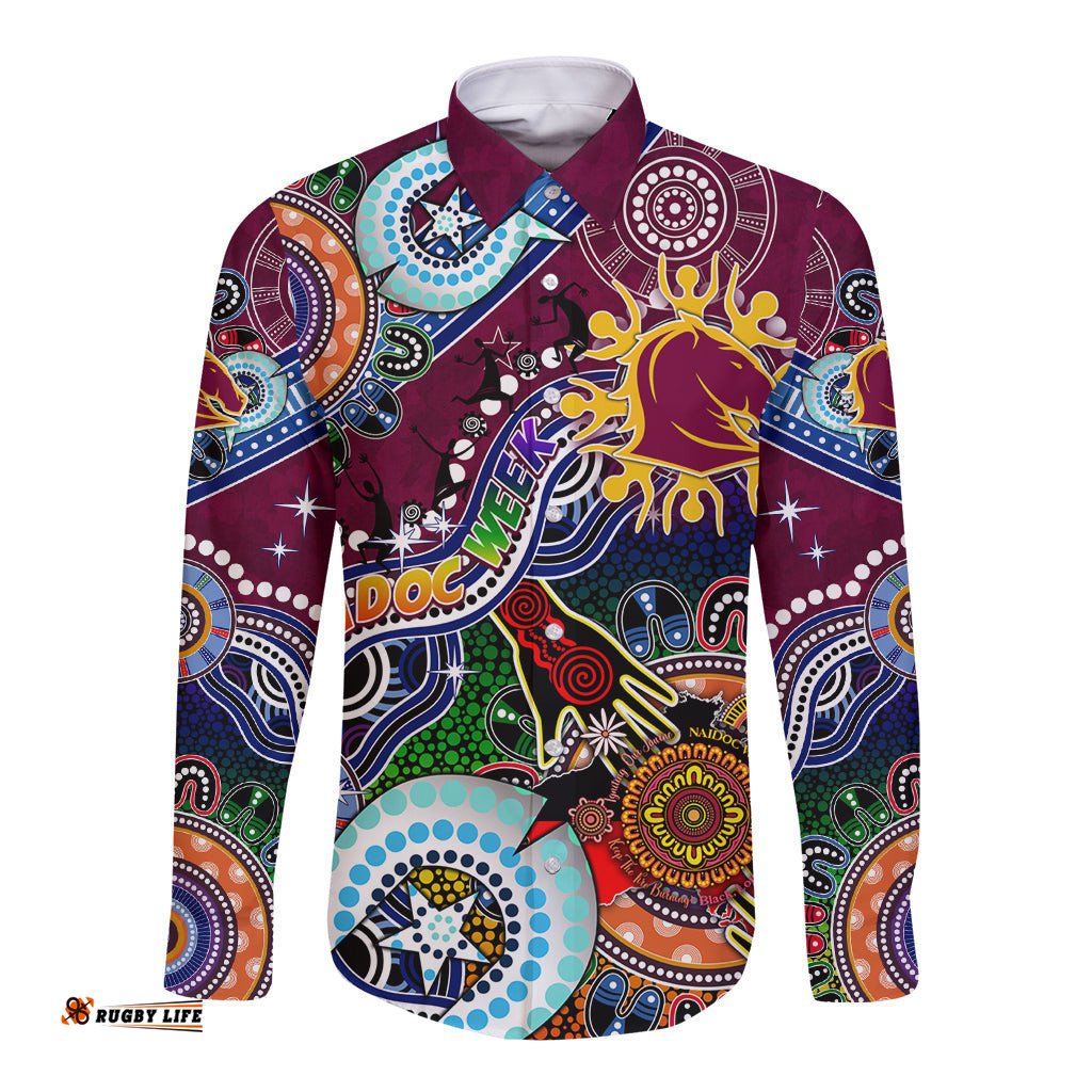 Personalised Broncos NAIDOC Week 2024 Long Sleeve Button Shirt Australia Aboriginal Dot Painting