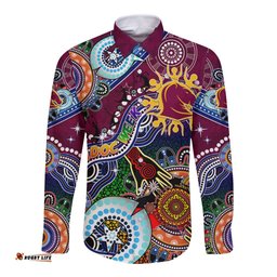Personalised Broncos NAIDOC Week 2024 Long Sleeve Button Shirt Australia Aboriginal Dot Painting