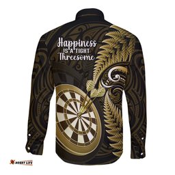 New Zealand Darts Long Sleeve Button Shirt Happiness Is A Tight Threesome Maori Gold