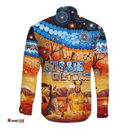 Australia Kangaroo Aboriginal Camping Long Sleeve Button Shirt Aussie Outback Camping with Beer