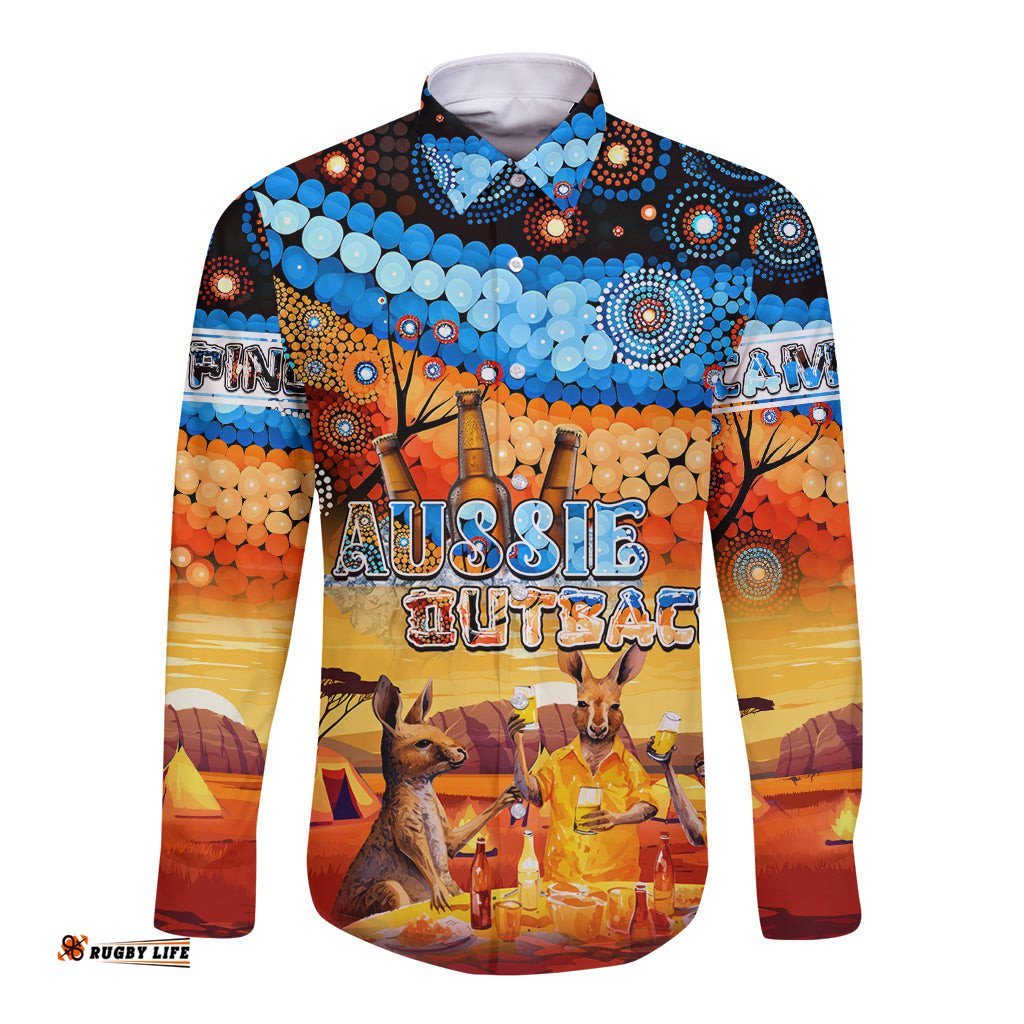 Australia Kangaroo Aboriginal Camping Long Sleeve Button Shirt Aussie Outback Camping with Beer