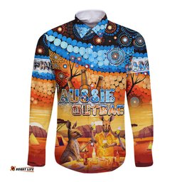 Australia Kangaroo Aboriginal Camping Long Sleeve Button Shirt Aussie Outback Camping with Beer