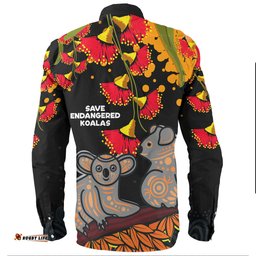Australia Long Sleeve Button Shirt - Aboriginal Save Endangered Koalas Red Bottle Brush Flower