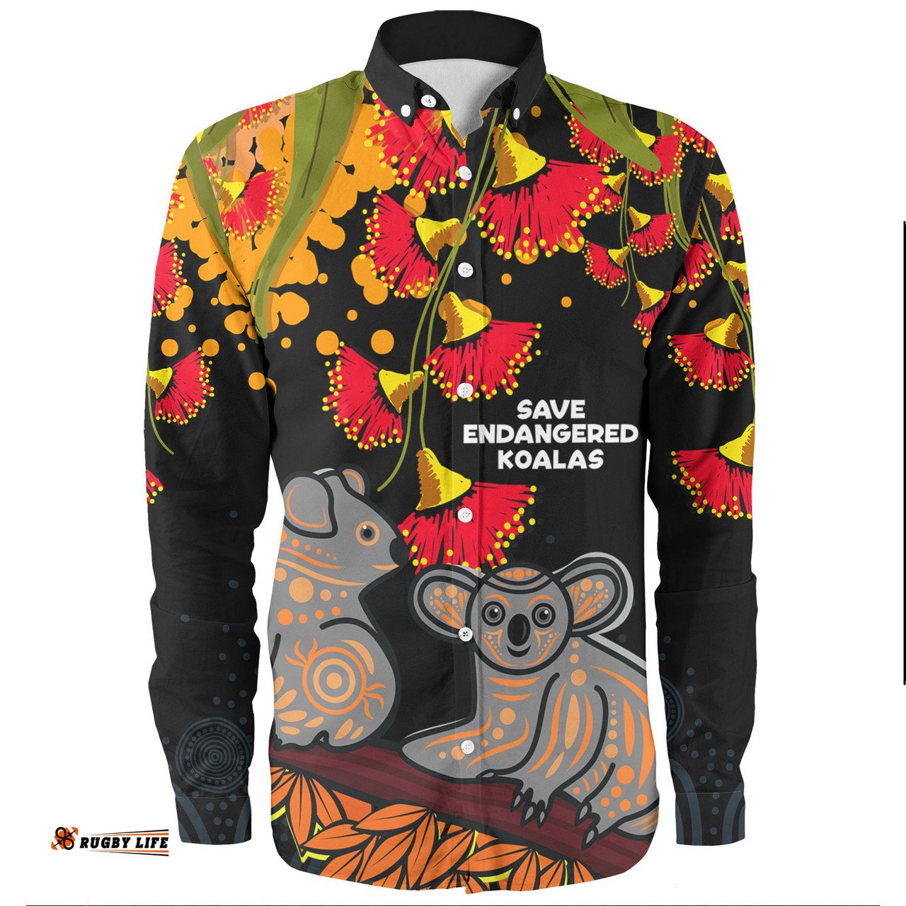 Australia Long Sleeve Button Shirt - Aboriginal Save Endangered Koalas Red Bottle Brush Flower