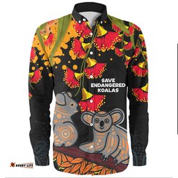 Australia Long Sleeve Button Shirt - Aboriginal Save Endangered Koalas Red Bottle Brush Flower