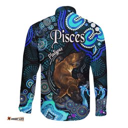 Australian Astrology Hawaii Long Sleeve Button Shirt Pisces Platypus Zodiac Aboriginal Vibes Blue