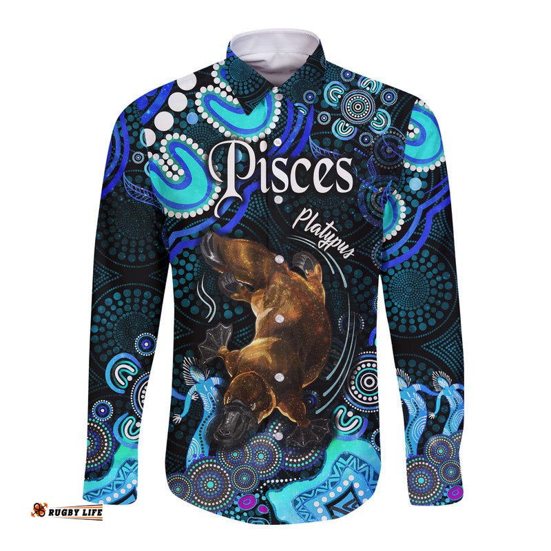 Australian Astrology Hawaii Long Sleeve Button Shirt Pisces Platypus Zodiac Aboriginal Vibes Blue