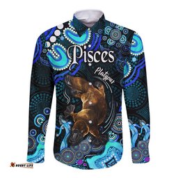 Australian Astrology Hawaii Long Sleeve Button Shirt Pisces Platypus Zodiac Aboriginal Vibes Blue