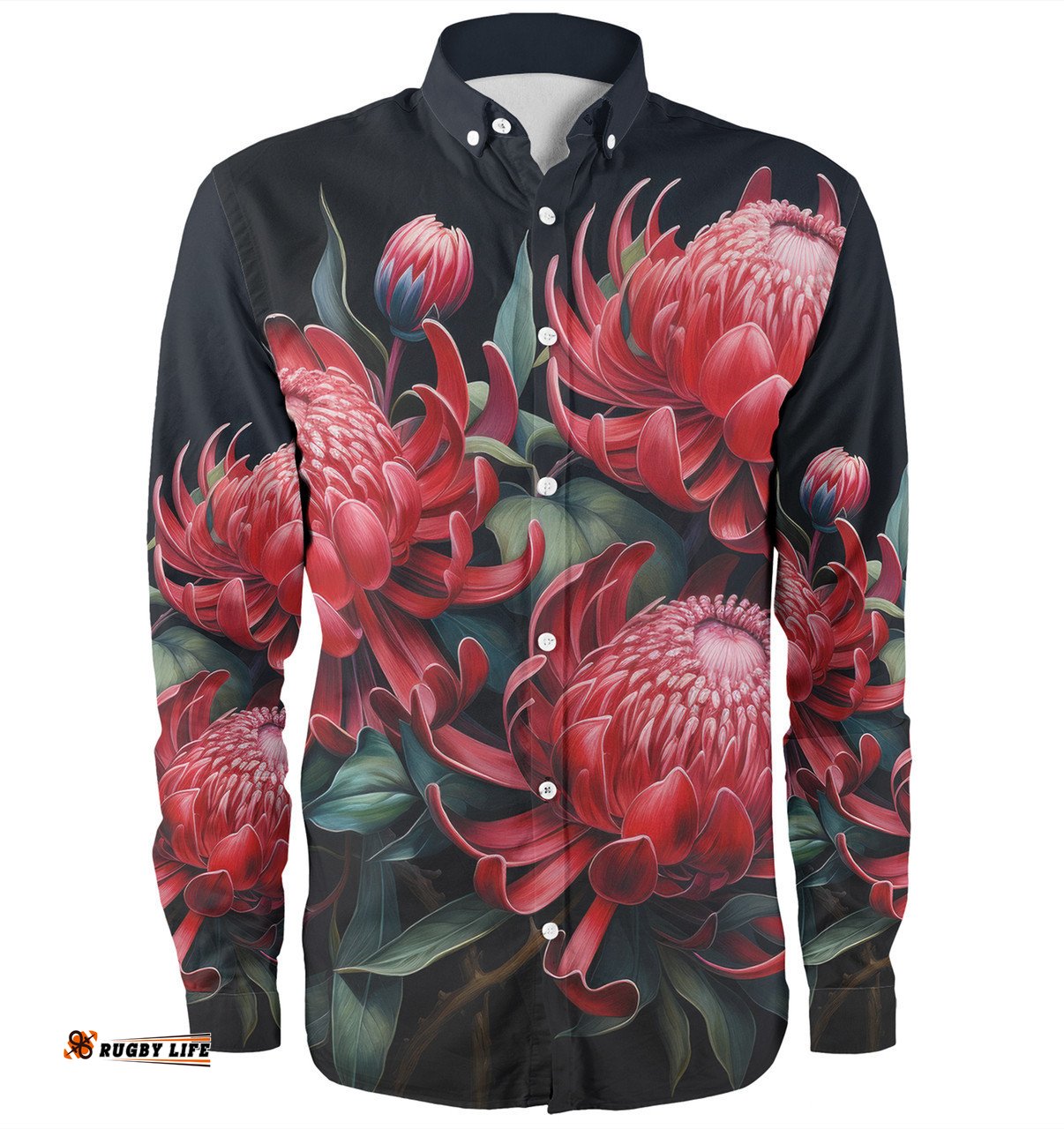 Australia Waratah Long Sleeve Button Shirts - Red Waratah Flowers Fine Art Ver2 Long Sleeve Button Shirts