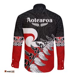 Custom Personalised Waitangi Long Sleeve Button Shirt Aotearoa Maori Pattern Mix Fern and Manaia Koru